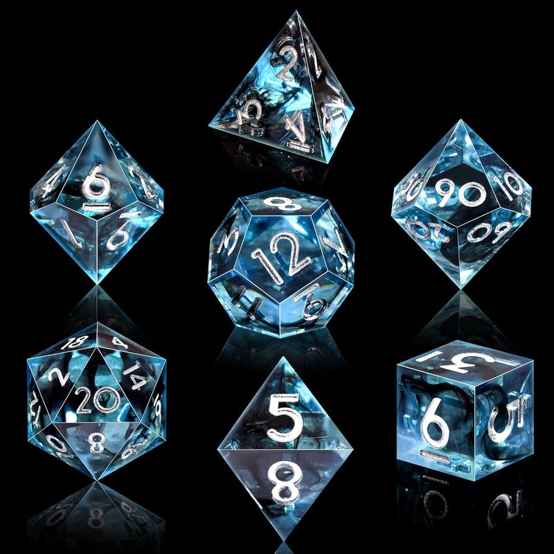 AUSTOR 7-Die DND Dice Set Handmade Sharp Edge Polyhedral Dice for Dungeons and Dragons D&D RPG MTG Table Games (Blue & Black, Silver) - Image 3